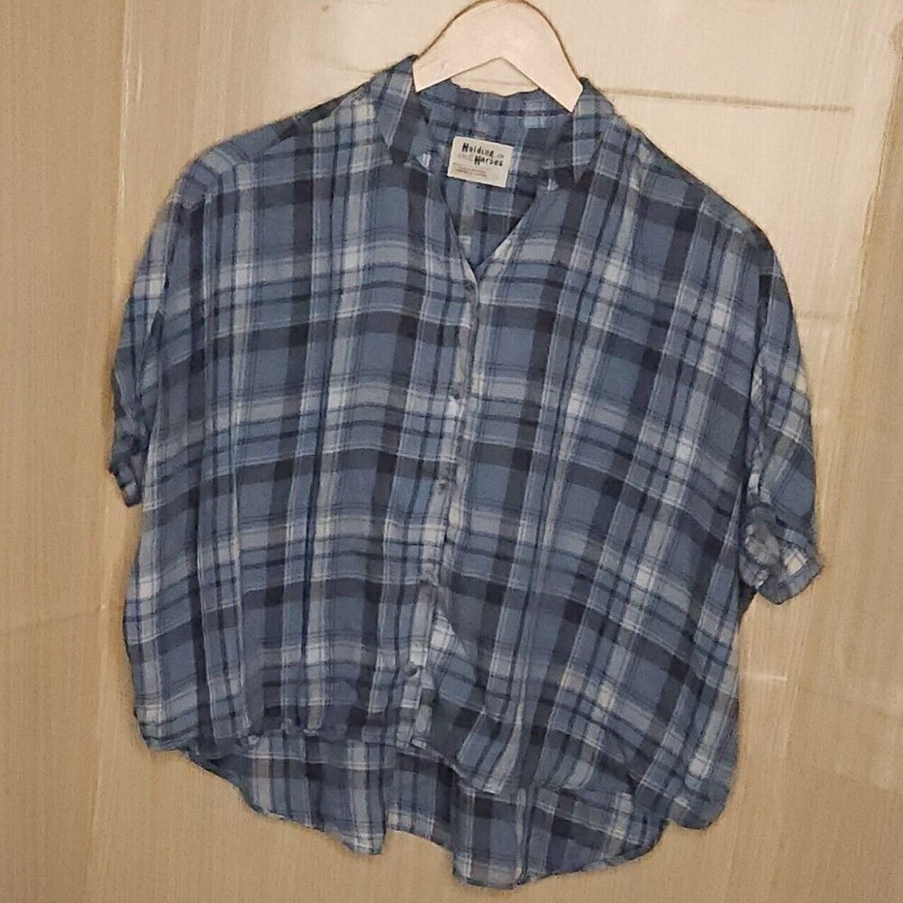 Holding Horses Blue Plaid Soft Cropped Oversized Button Front Top Small